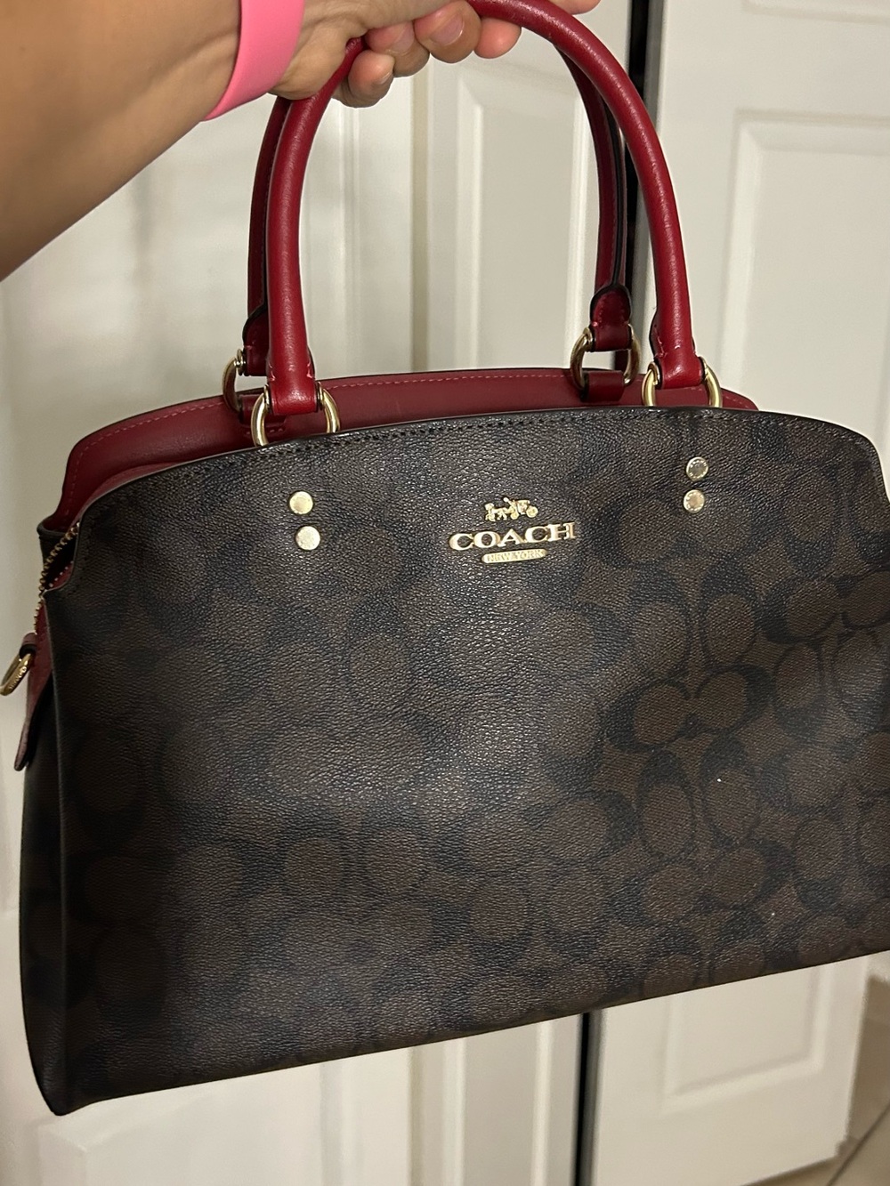 Coach Brown Signature Dome Satchel with Red Handles